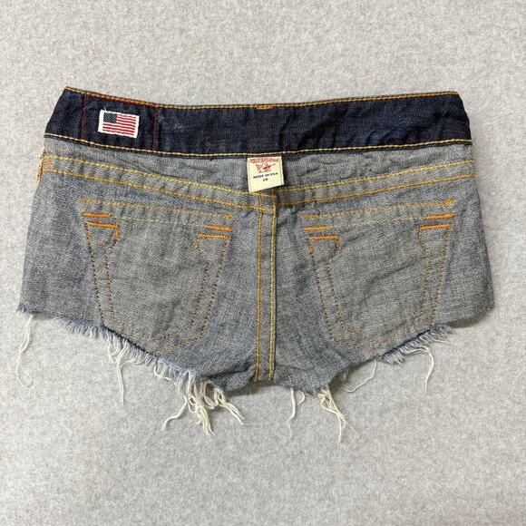 True Religion Joey Low Rise Micro Mini Cut Off Blue Denim Jean Shorts Size 28 - Picture 8 of 8
